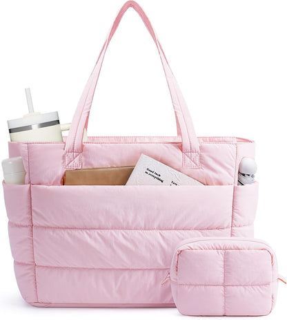 Narwey Nylon Puffer Tote Bag for Women, Puffy Work Nurse Teacher Tote Bag, Quilted Shoulder Bag for Travel, Gym, Gifts