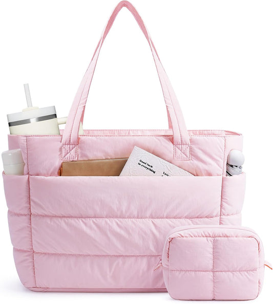 Narwey Nylon Puffer Tote Bag for Women, Puffy Work Nurse Teacher Tote Bag, Quilted Shoulder Bag for Travel, Gym, Gifts