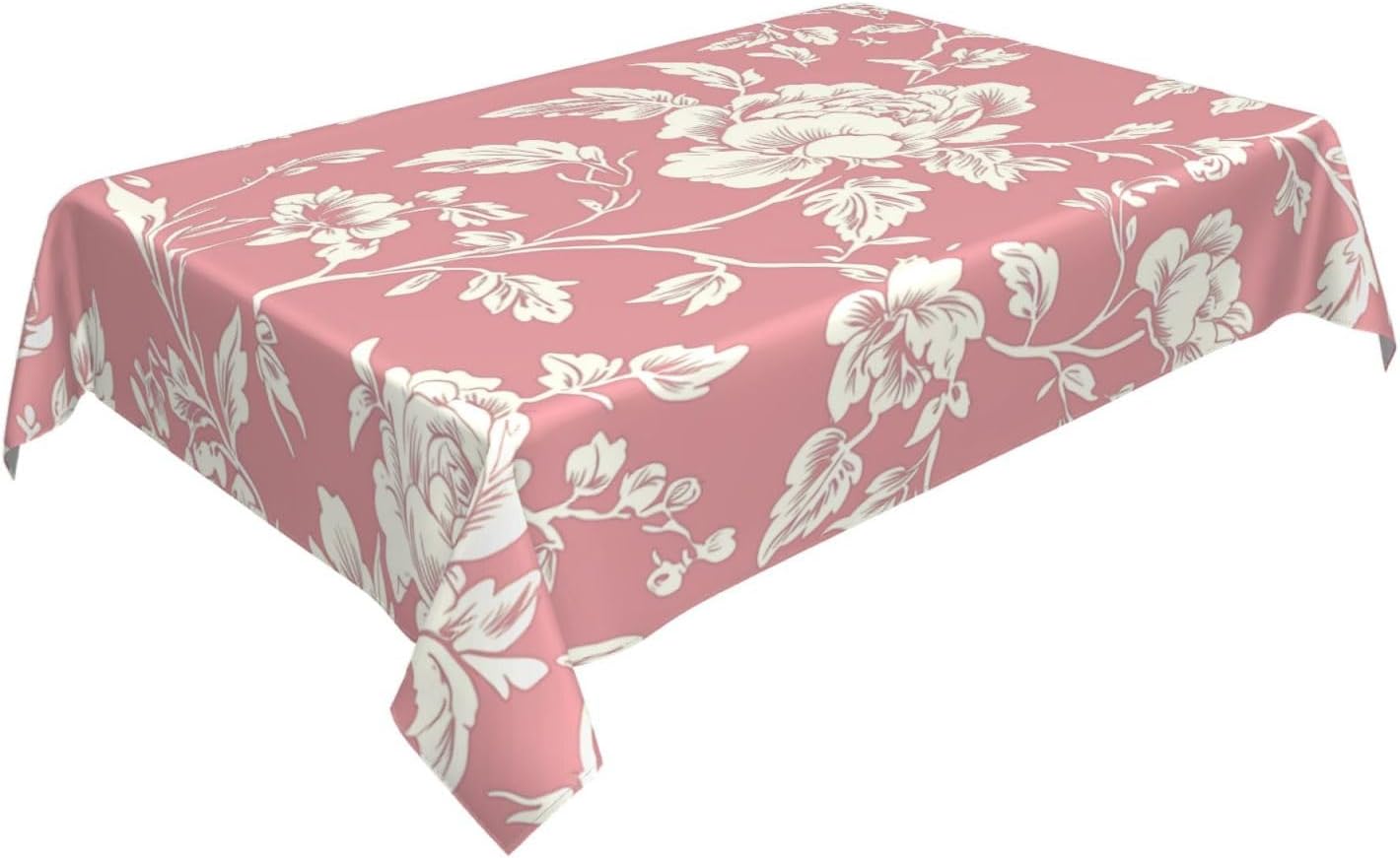 Minimalistic Pink Floral Pattern Rectangle Tablecloth, French Country Style Victorian Drop Shapes Table Cloth Dining Table Cover for Kitchen Restaurant Party Buffet Picnic, 52x70 Inch