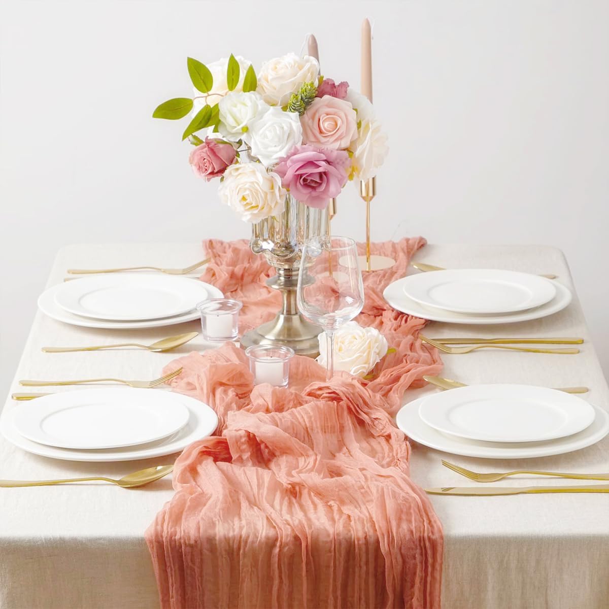 Mothers Day Table-Runner, Coral Peach 120 inch 10FT Cheese Cloth Runner for Wedding Party Baby Shower Birthday Home Decor Holiday Decorations