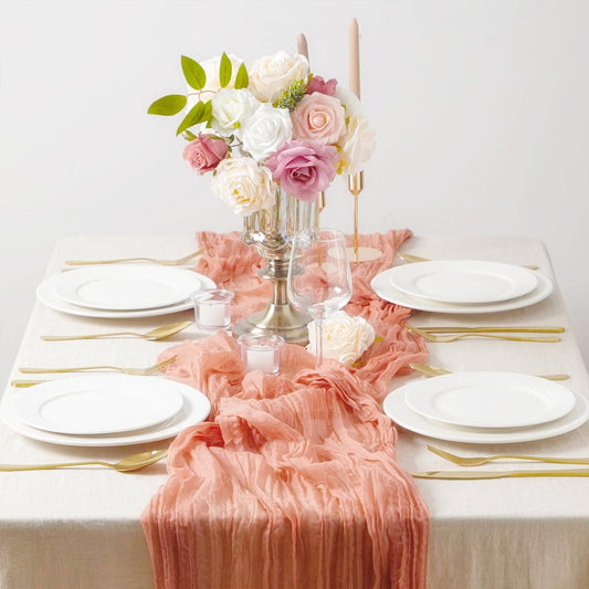 Mothers Day Table-Runner, Coral Peach 120 inch 10FT Cheese Cloth Runner for Wedding Party Baby Shower Birthday Home Decor Holiday Decorations