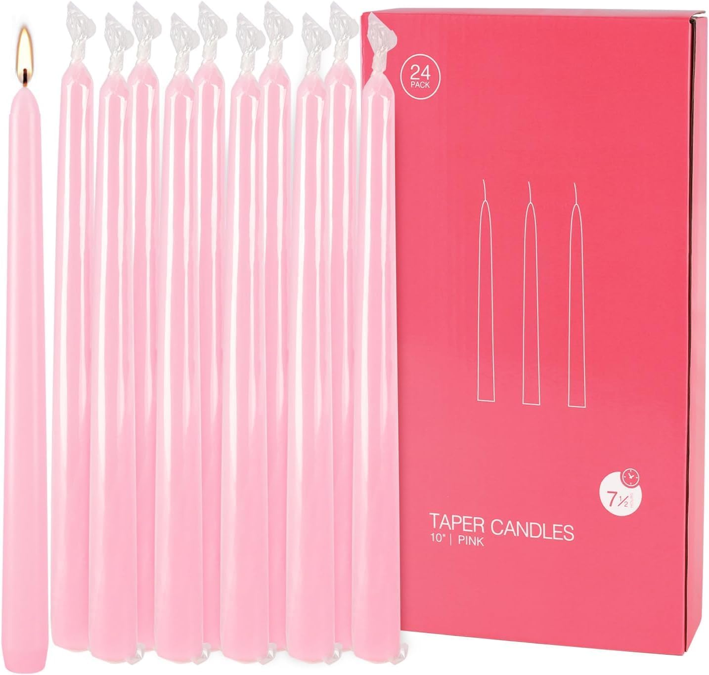 YOROXRG 24 Pack Pink Taper Candles, 7-8 Hours Burn Time, Unscented, Smokeless and Dripless, 0.75 x 10 Inch Dinner Candle Set for Valentine's Day,Household, Wedding, Party and Home Décor Candlesticks