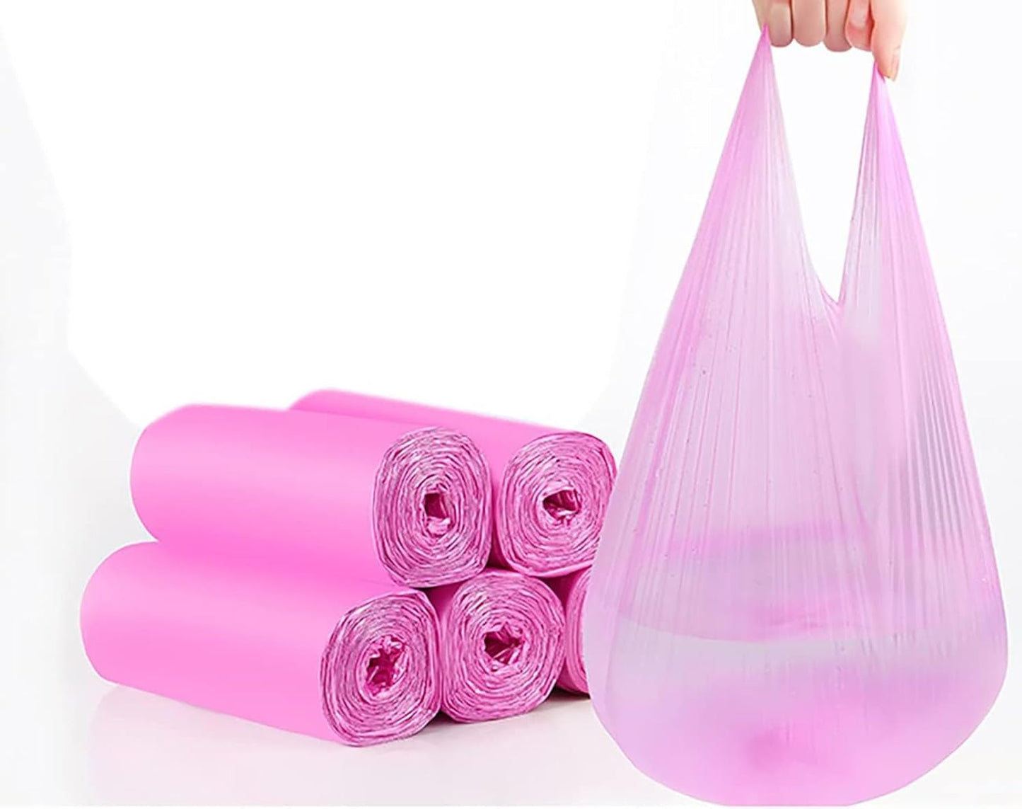 4 GALLON Bathroom Trash Bags, 5 Rolls/100 Counts Small HANDLES Garbage Bags for Office, Kitchen,Bedroom Waste Bin,Colorful Portable Strong Rubbish Bags (Pink 100 Counts)