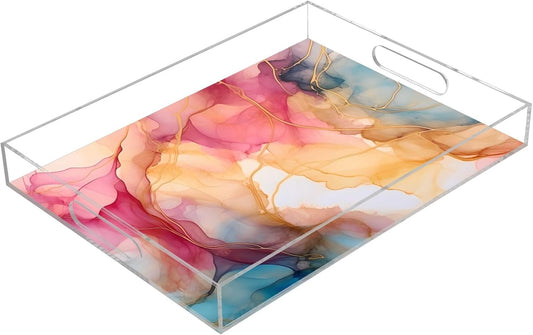 Plastic Food Serving Tray Decorative Vanity Trays for Bathroom Pink Marble Orange Coffee Table Kitchen Counter 11.8 * 15.7in