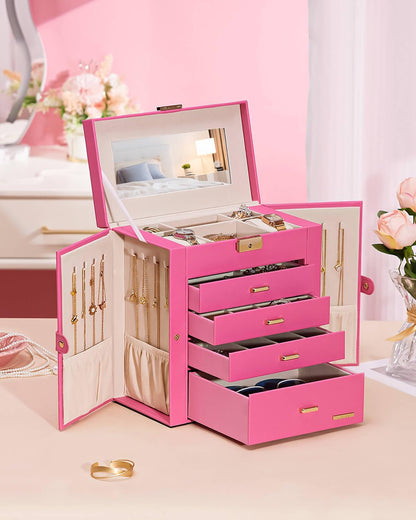 Homde Synthetic Leather Huge Jewelry Box Mirrored Watch Organizer Necklace Ring Earring Storage Lockable Gift Case (Pink + Gold)