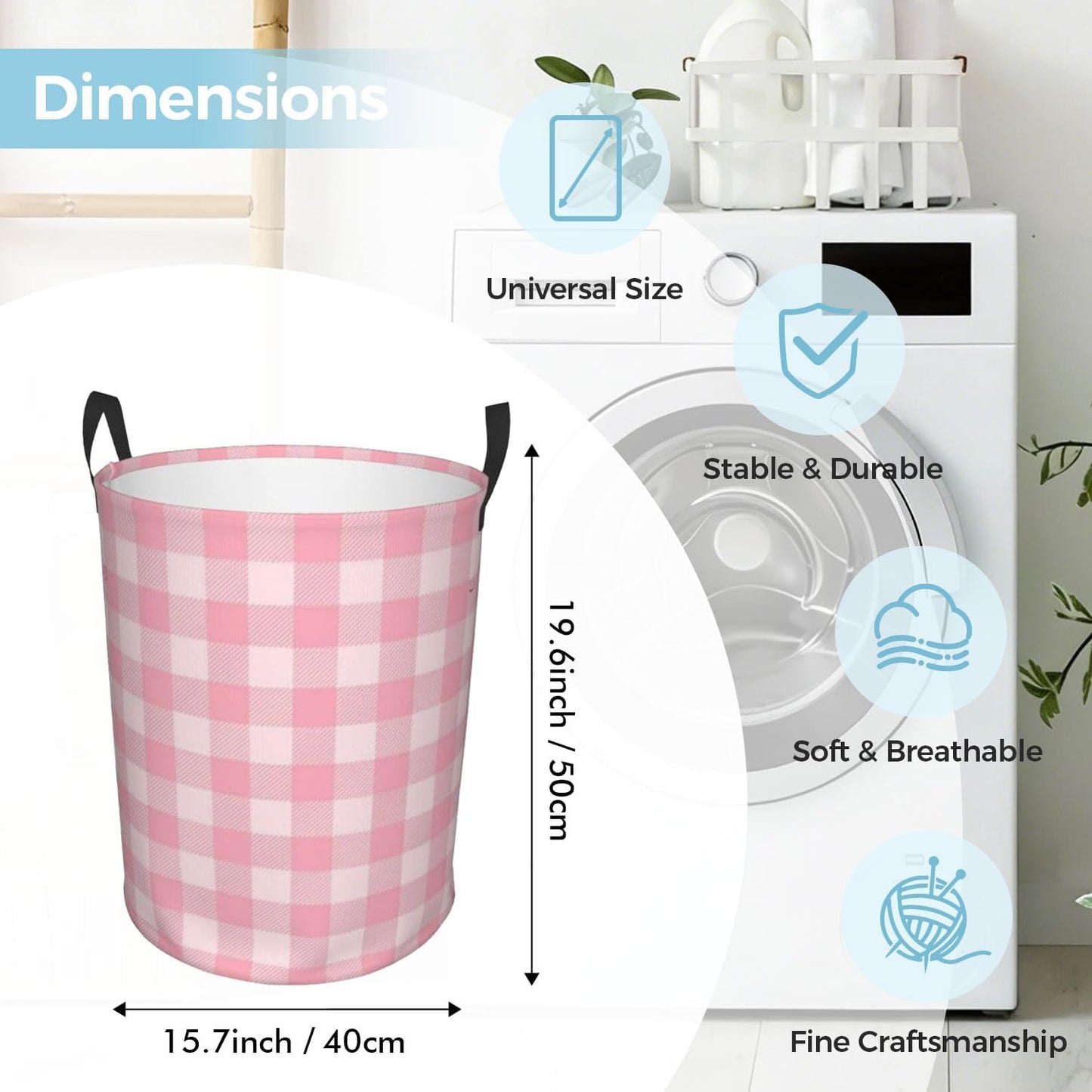Pink Checkered Large Laundry Basket,Collapsible Laundry Hamper With Handle Checkered Room Decor,Round Waterproof Dirty Clothes Hamper Toy Organizer Storage Basket Gift for Home Bedroom Bathroom Decor