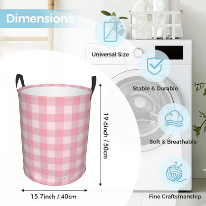 Pink Checkered Large Laundry Basket,Collapsible Laundry Hamper With Handle Checkered Room Decor,Round Waterproof Dirty Clothes Hamper Toy Organizer Storage Basket Gift for Home Bedroom Bathroom Decor