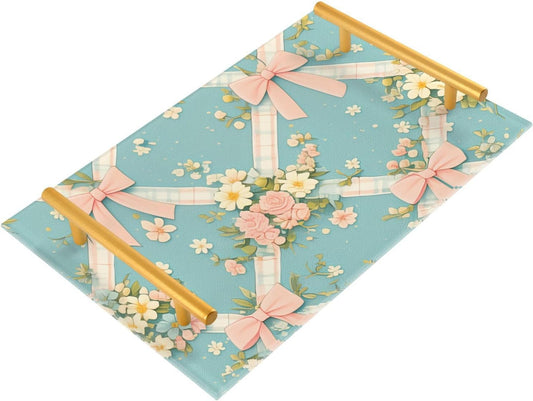 Vintage Pastel Pink Bows Wildflowers Blue Argyle Decorative Food Tray with Handles Dinner Trays for Eating for Jewelry Perfume for Decorative Food bandeja de decoracion para mesa