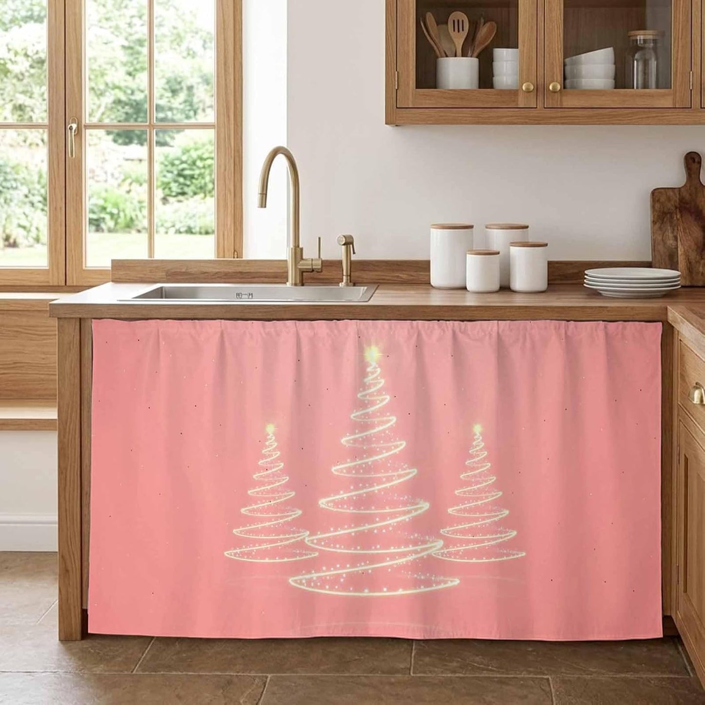 Chritsmas Tree Lights Cabinet Curtains 28"x51" Sink Skirt for Bathroom Kitchen, Pink Xmas New Year Holiday Self Stick Adhesive Under Desk Covers Tall Laundry Cabinet Storage Organizer