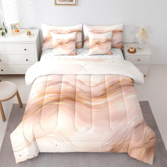 Erosebridal Marbling Twin Bedding Set - Peach Pink Marble Bed in A Bag,Watercolor Ink Paintings Comforter Sets with Sheets, Abstract Texture 7 Pieces Bed Set Bedroom Decor