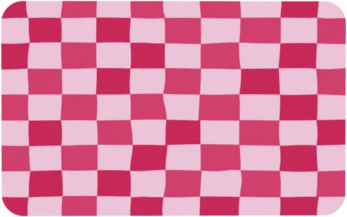 Bath Mat Pink Checkerboard Pattern Absorbent Non Slip Doormat 19.7x31.5 in Washable Diatomaceous Shower Mat Floor Mats for Bathroom Kitchen Entryway