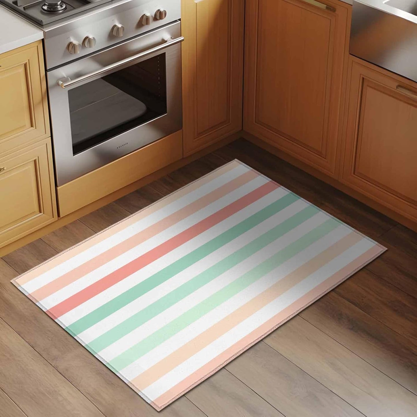 Peach Pink Green Ombre Entryway Area Rug 2'x3', Farmhouse Stripe Modern Indoor Door Mat Non Slip Kitchen Rug Runner, Washable Small Floor Mat Carpet for Bathroom