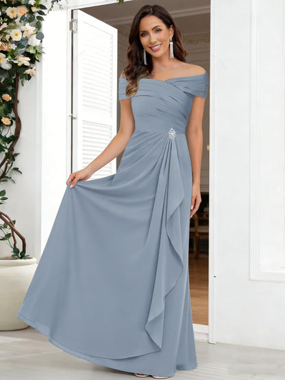 Off Shoulder Mother of The Bride Dresses Chiffon Beaded Formal Evening Gowns Wedding Guest Groom's Mother R65