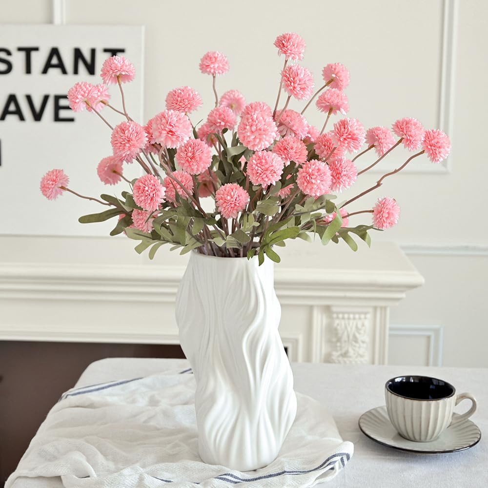 Laelfe 5Pcs Artificial Pompon Mum, Fake Kiku Flowers Silk Small Mini Chrysanthemum Ball Faux Mum Decor for Autumn Filler DIY Bouquet Centerpieces Arrangements Shower (Pink)