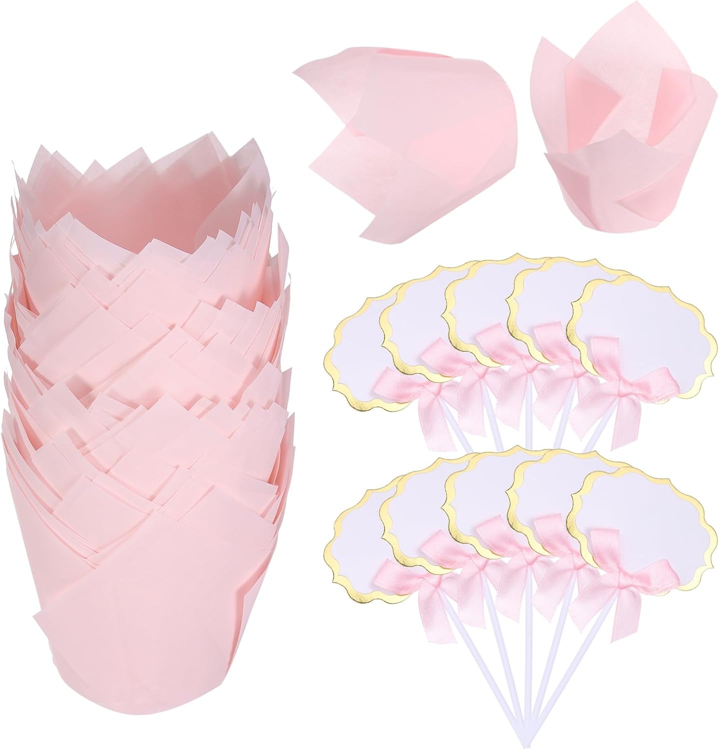 uxcell 100Pcs Tulip Cupcake Liners with 10Pcs Cheese Markers, Muffins Liners Solid Paper Greaseproof Wrappers Baking Cups with Writable Toppers for Wedding Birthday Shower, Light Pink