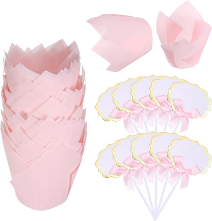 uxcell 100Pcs Tulip Cupcake Liners with 10Pcs Cheese Markers, Muffins Liners Solid Paper Greaseproof Wrappers Baking Cups with Writable Toppers for Wedding Birthday Shower, Light Pink