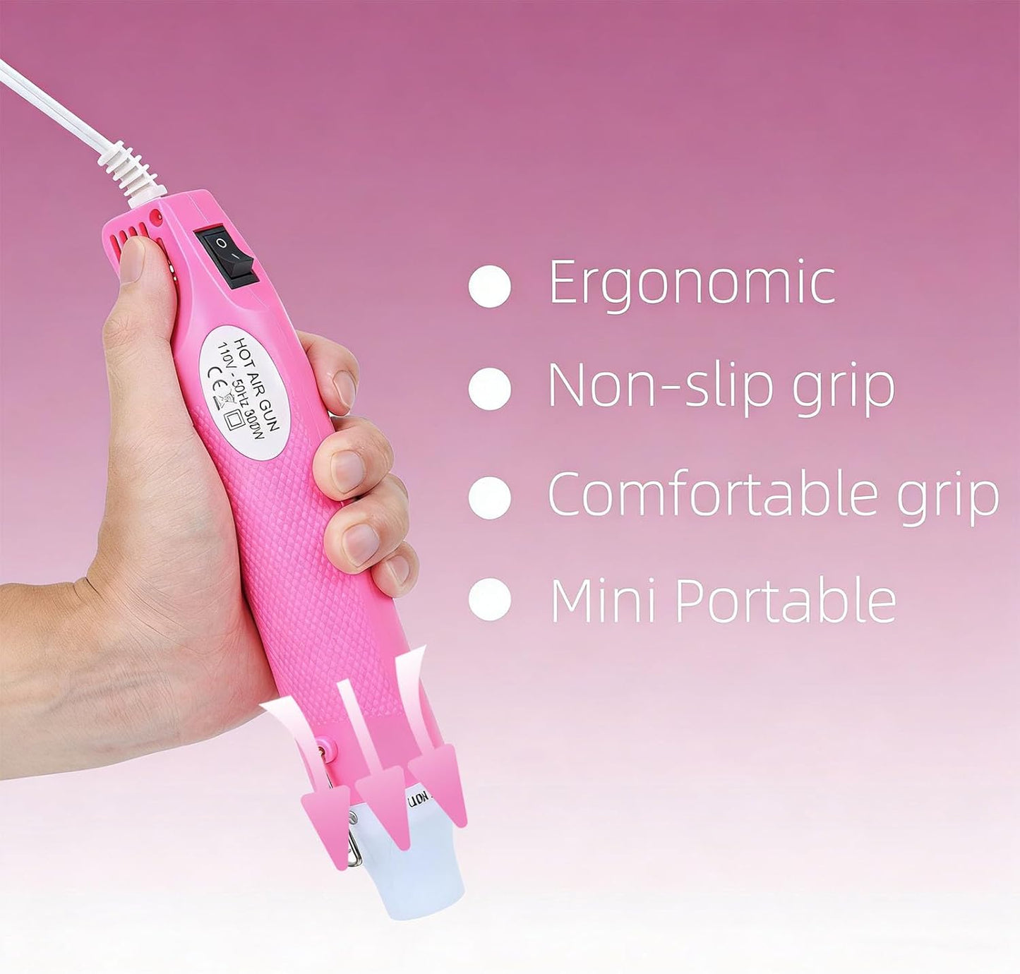Heat Gun, 110V 300W Handed Hot Air Gun for Crafting, 3.28FT Ultra-Long Cable Portable Heat Gun with Stand and Power Cord for Shrinking Wrapping PVC, DIY Embossing and Drying Paint (Pink)