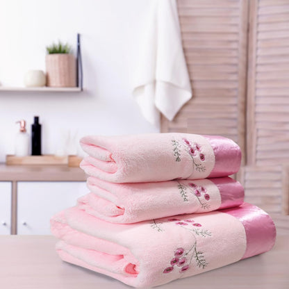 ABREEZE Pink Plum Blossom-Embroidered Bath Towel Set, 3 Pieces，Soft, Skin-Friendly and Water-Absorbent, Mother's Day and Valentine's Day Gift(1 Bath Towel,2 Hand Towels)