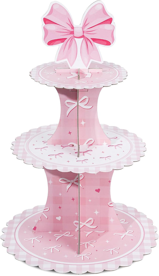 Keluna Pink Bow Party Decorations - Reusable Conquette Birthday Decorations Party Supplies Pink Bow 3 Tier Cupcake Stand Conquette Party Decor for Birthday Decor Baby Shower Gender Reveal