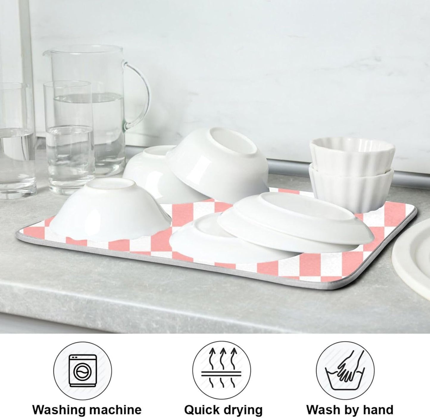White Pink Checkered Pattern Dish Drying Mat for Kitchen Counter Absorbent Reversible Microfiber Drying Pad Countertop Drainer Mats, Small 16 x 18 inch