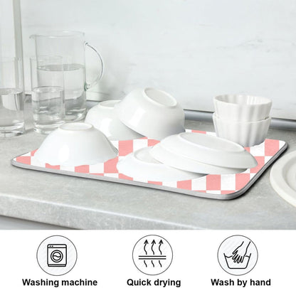 White Pink Checkered Pattern Dish Drying Mat for Kitchen Counter Absorbent Reversible Microfiber Drying Pad Countertop Drainer Mats, Small 16 x 18 inch