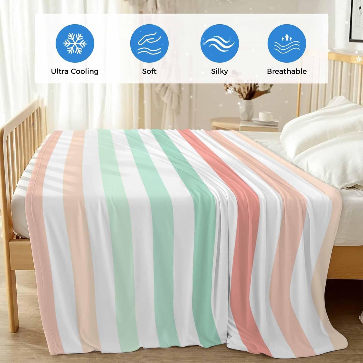 Cooling Throw Blanket for Hot Sleepers, Peach Pink Green Ombre Lightweight Breathable Summer Blanket, Farmhouse Stripe Modern Double-Side Cool Throw Blankets for Sleeping Travel, 30"x40"