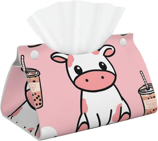 Cute Cow Pink Print Tissue Box Cover - Leather Tissue Holder Long Tissue Case Facial Paper Organizer Dispenser for Bathroom Vanity Countertop Table Desk Office