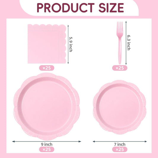 100 Pcs Pink Scalloped Paper Plates Set, Disposable Party Plates for Birthday, Baby Shower, Bridal Shower, Tea Party, Elegant Dinner & Dessert Tableware