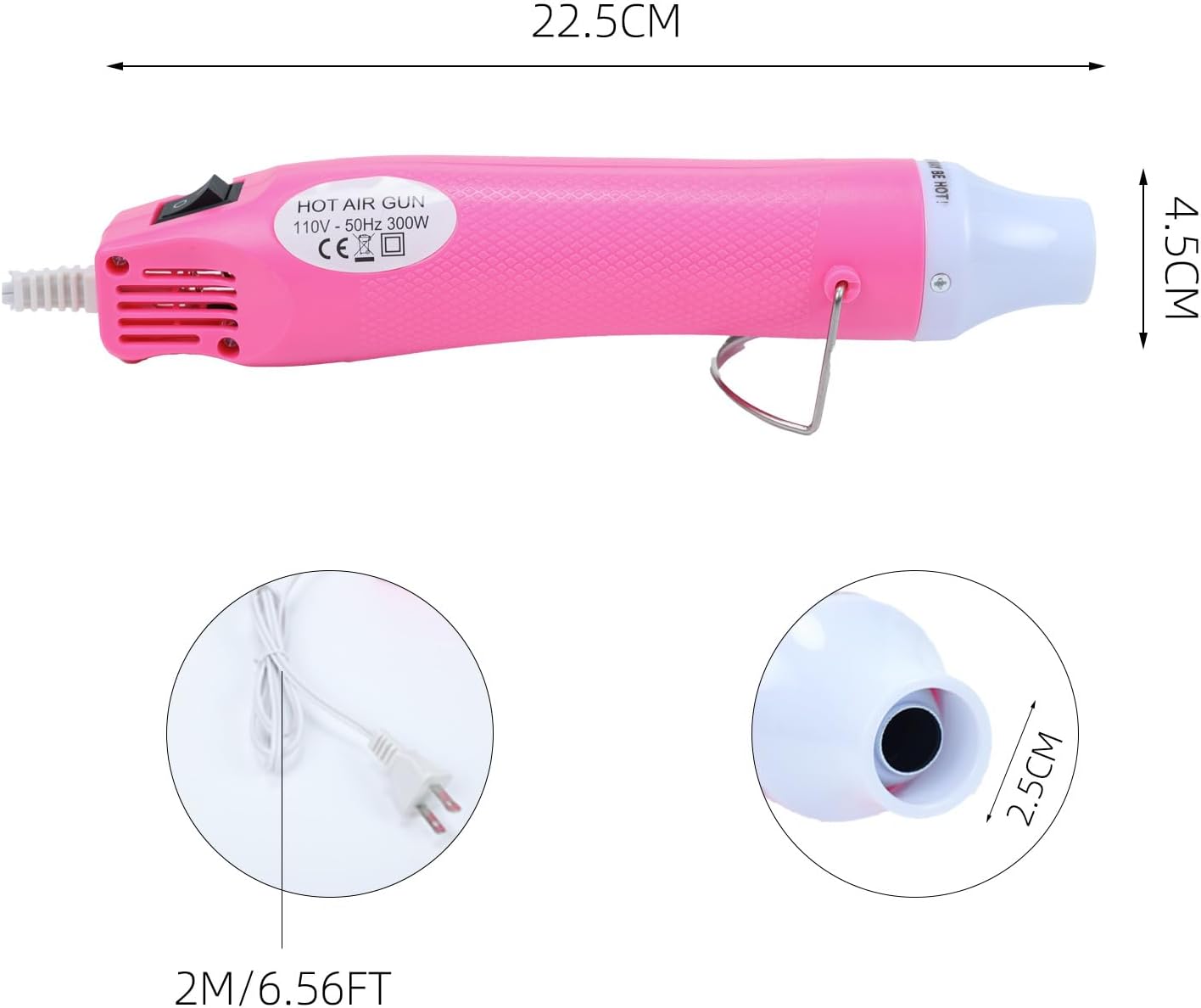 Heat Gun, 110V 300W Handed Hot Air Gun for Crafting, 3.28FT Ultra-Long Cable Portable Heat Gun with Stand and Power Cord for Shrinking Wrapping PVC, DIY Embossing and Drying Paint (Pink)