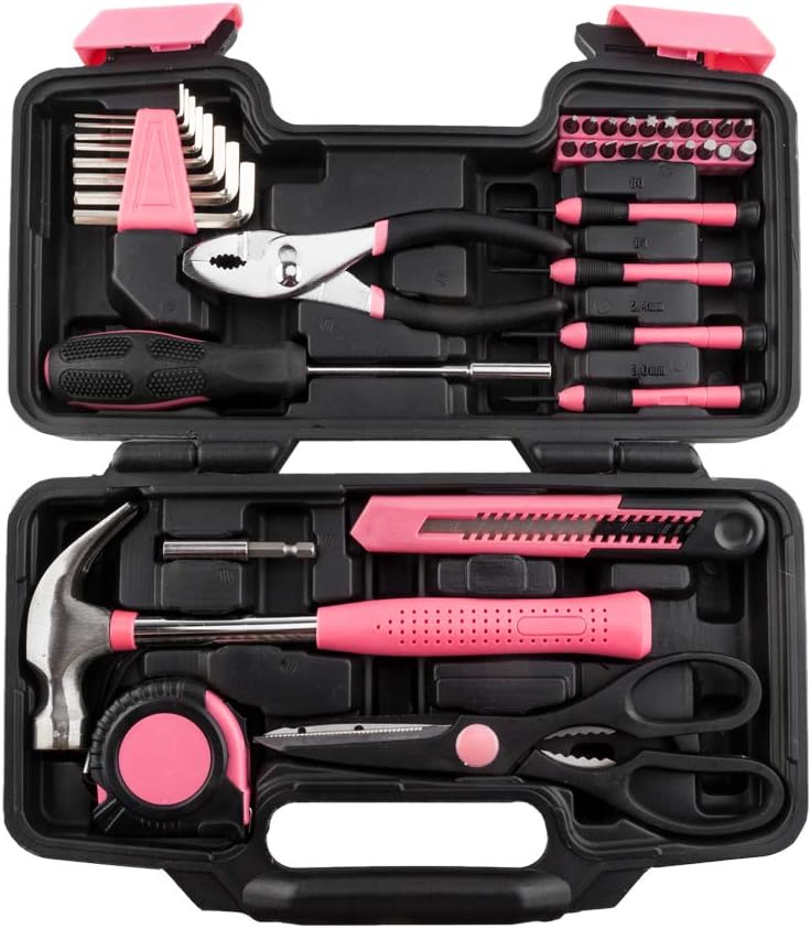 39-Piece Home Tool Kit with Carrying Case, Hand Tools Set with Pliers, Screwdrivers, Hammer,Pink