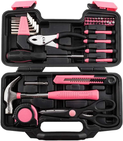 39-Piece Home Tool Kit with Carrying Case, Hand Tools Set with Pliers, Screwdrivers, Hammer,Pink