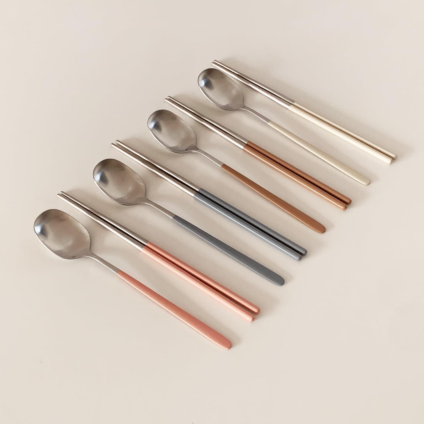 304 Stainless Steel durable Lightweight Korean-style Beautiful Cutlery Spoon and Chopsticks Set Scratch Resistant 2Pieces (Gray+Peach Pink)
