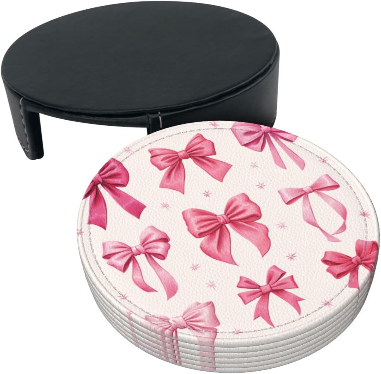 Light Pink Bows in Three Rows Premium Leather Coasters, Set of 6 with Holder, Stylish Beverage Coasters for Kitchen Coffee Bar