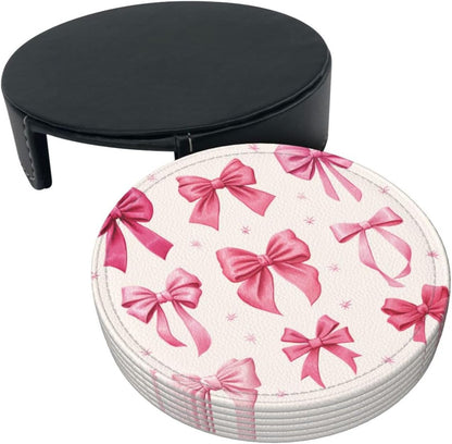 Light Pink Bows in Three Rows Premium Leather Coasters, Set of 6 with Holder, Stylish Beverage Coasters for Kitchen Coffee Bar
