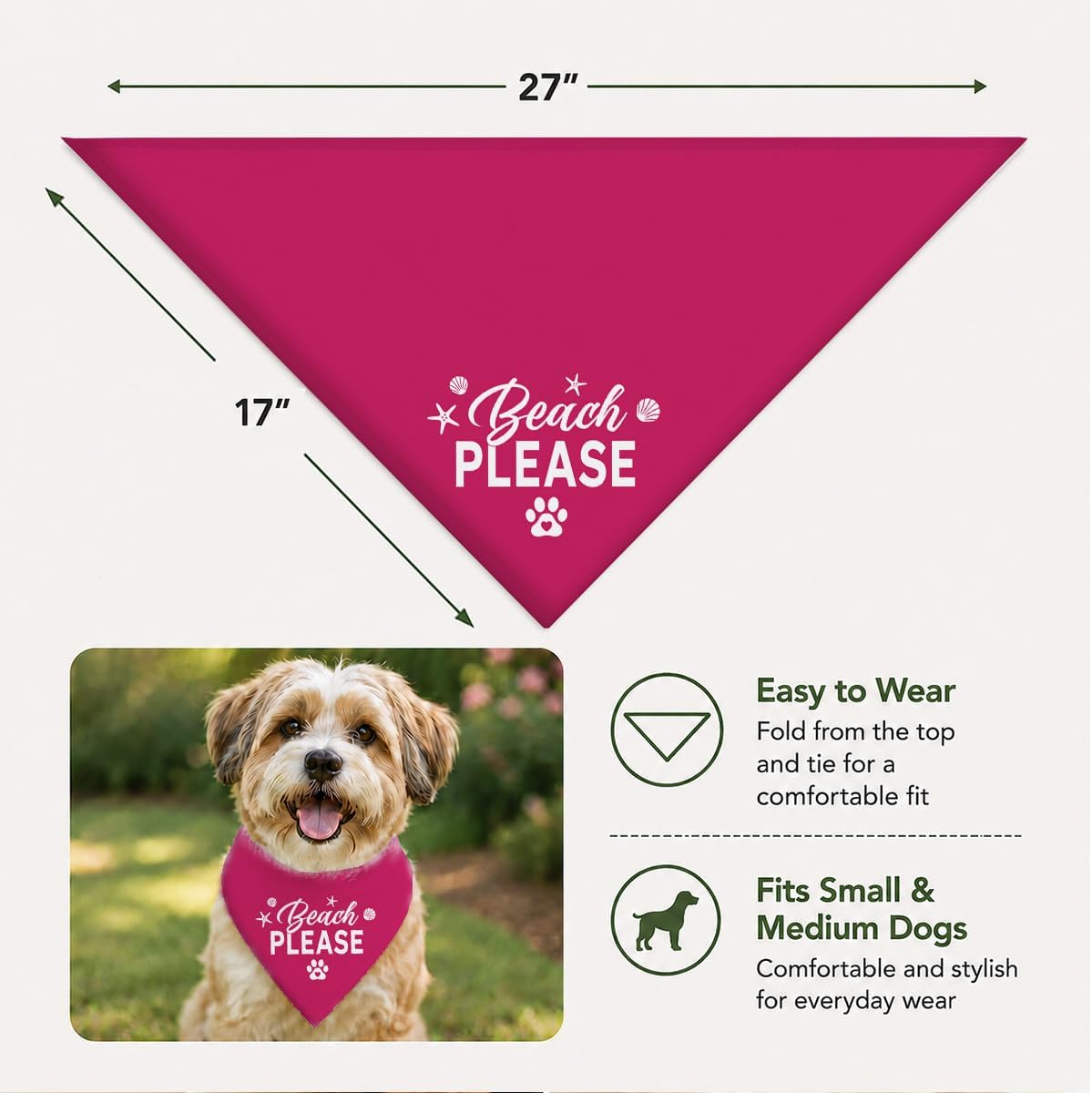 Beach Please Dog Bandana, Summer Pet Triangle Scarf for Beach Vacation Pool Party Photo Outfit, Hot Pink Neckerchief for Small Medium Dogs