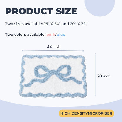 Pink Scalloped Bow Non-Slip Bath Mat - Absorbent Microfiber Shower Rug, Preppy Cute Funny Bathroom Decor, Machine Washable Bathtub Rug (Pink, 20" X 32")