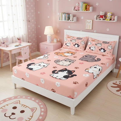 Homewish Cute Cat Fitted Sheet Kawaii Animals Paw Bed Cover,1 Fitted Sheet+2 Pillowcases(No Flat Sheet) Japanese Style Bed Cover Room Decor Queen Peach Pink