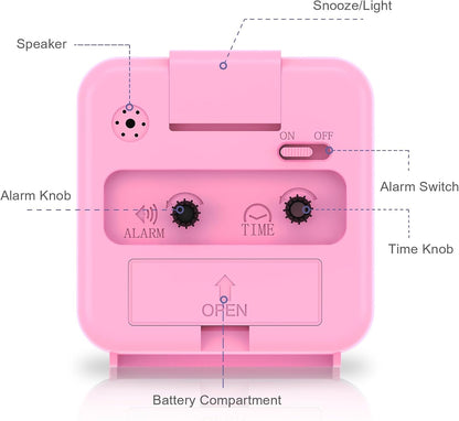 Analog Alarm Clock, Bedside Clocks Battery Powered, Silent Non Ticking Travel Clock with Night Light, Snooze, Easy Set, Clock for Heavy Sleepers Kids Elder Travel Bedroom Office, Pink