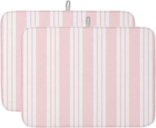 Pink Striped Dish Drying Mat 2 Pack, Modern Classic Stripes Rustic Country Farmhouse Absorbent Heat Insulating Kitchen Drying Pad Drainer Mats for Sink Counter Pot Dishes 18 X 24 Inch