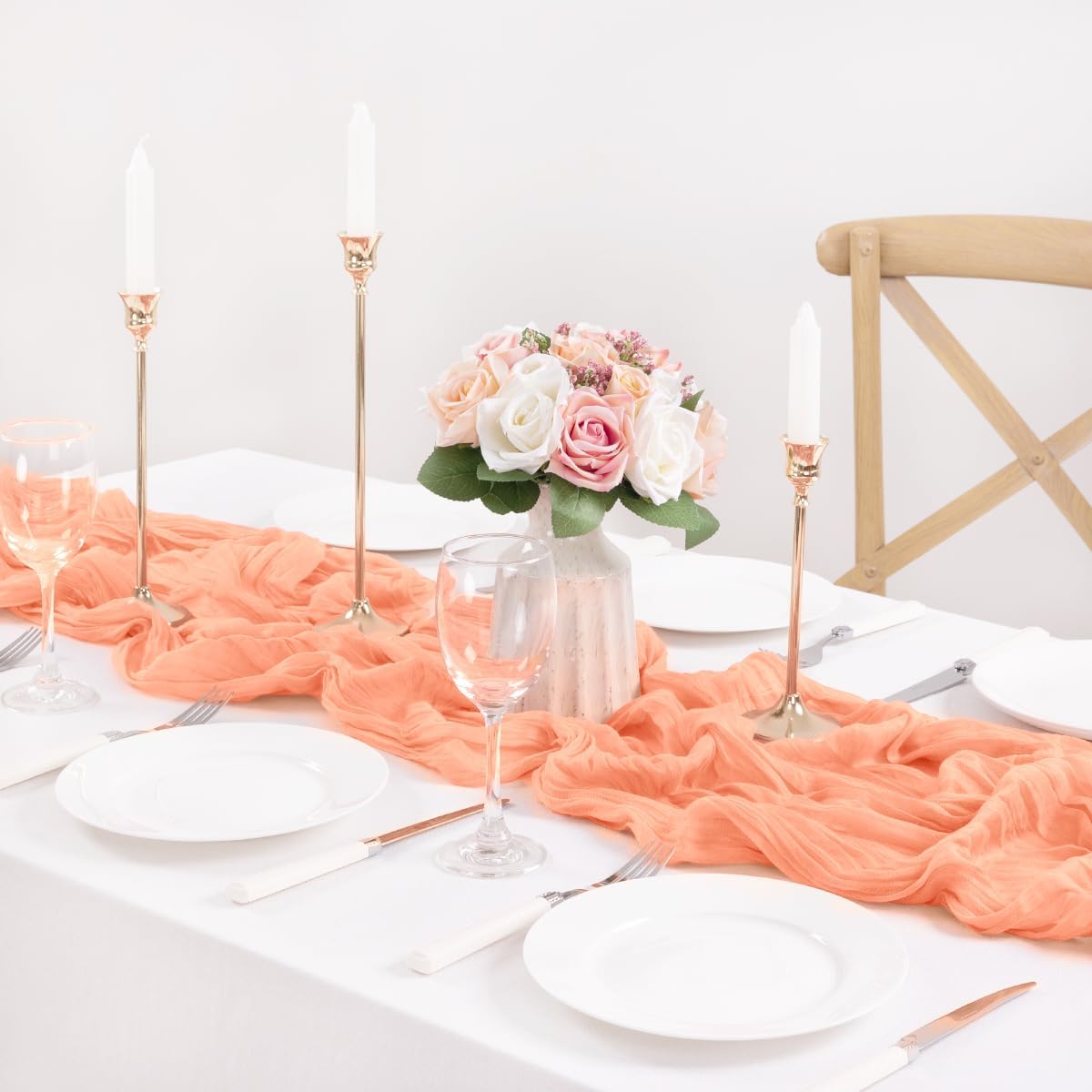 MLMC 3 Pack Peach Cheesecloth Table Runner 10ft Summer Rustic Gauze Cheese Cloth Table Runner 35x120 Inches for Wedding Bridal Baby Shower Party Decor