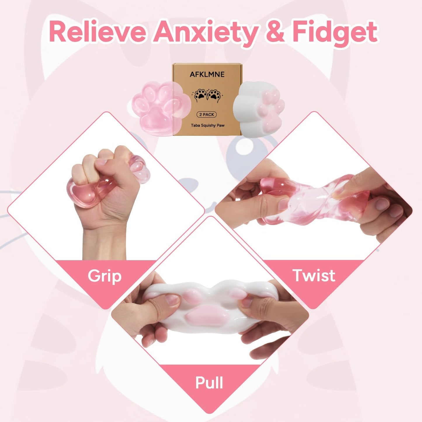 2-Pack Taba Squishy Cat Paw Sensory Fidget Toys Adults, Anxiety Stress Relief Squeeze Toy, Soft Cute Kawaii Squishy’s for Desk, School (Pink)