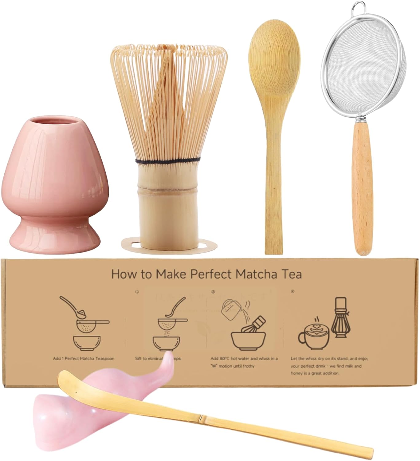 Matcha Whisk Set, 6-Piece Matcha Making Kit, Macha Tea Set, (Chasen Holder), Ceramic Whisk Holder, Matcha Starter Sifter, Bamboo Scoop, Spoon Japanese Tea Tools For Ceremony Gift (Pink)