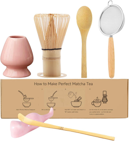 Matcha Whisk Set, 6-Piece Matcha Making Kit, Macha Tea Set, (Chasen Holder), Ceramic Whisk Holder, Matcha Starter Sifter, Bamboo Scoop, Spoon Japanese Tea Tools For Ceremony Gift (Pink)