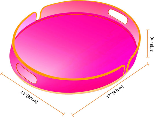 Acrylic Serving Tray with Handles Large Decorative Ottoman Tray 17x13'' Round for Bathroom Food Coffee Fruit Snack Tea Dinner Living Room, Neon Pink