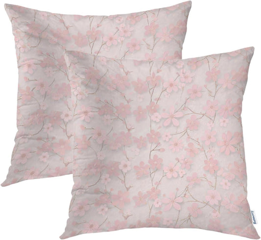 Batmerry Seamless Pink Cherry Blossoms Throw Pillow Covers, Vintage Floral On Light Pink Decorative Pillow Covers Digital Printing Blended for Couch Sofa Bed Invisible Zipper 20X20 in(Set of 2)