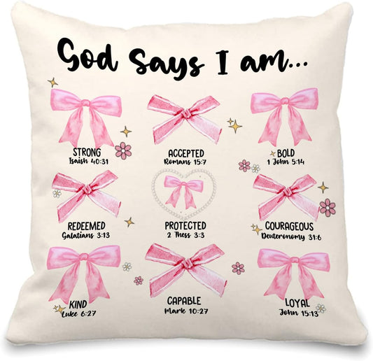 God Says I Am Bible Pillow Covers 18x18 - Pink Coquette Bow Bible Verse Throw Pillow Covers, Coquette Room Decor, Inspirational Coquette Christian Gifts for Women