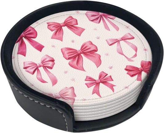Light Pink Bows in Three Rows Premium Leather Coasters, Set of 6 with Holder, Stylish Beverage Coasters for Kitchen Coffee Bar