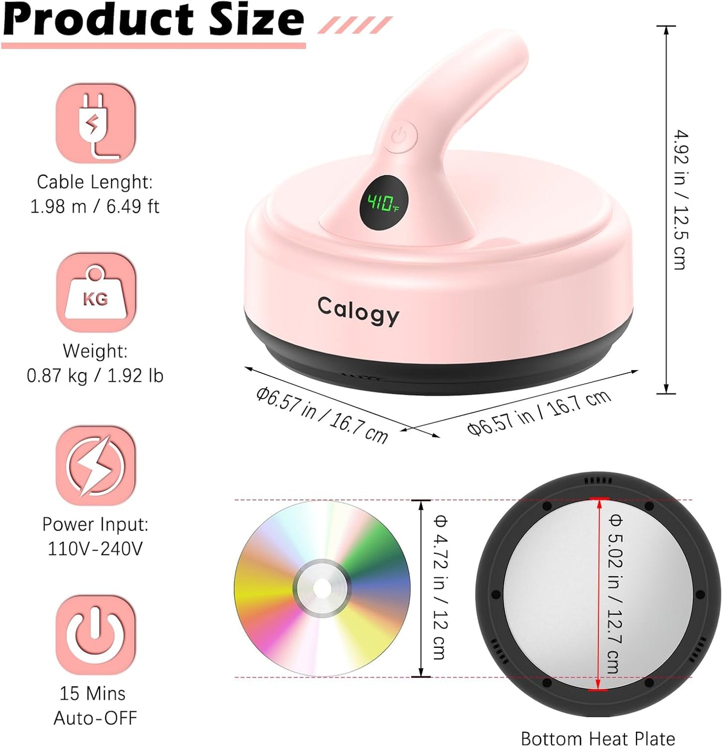 Calogy Mini Heat Press, Small Round Heat Press Machine 5" Diameter, Portable Iron 4 Levels Temp Max 410℉ for Heating Transfer Sublimation Crafts, DIY Coaster, Bag, Pillow, Ceramic (Baby Pink-5IN)