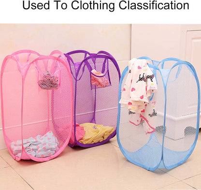 Qtopun Mesh Popup Laundry Hamper, Foldable 2 Pack Portable Dirty Clothes Basket Collapsible Dirty Clothes Hamper for Bedroom, Kids Room, College Dormitory and Travel (Light Blue+Pink)