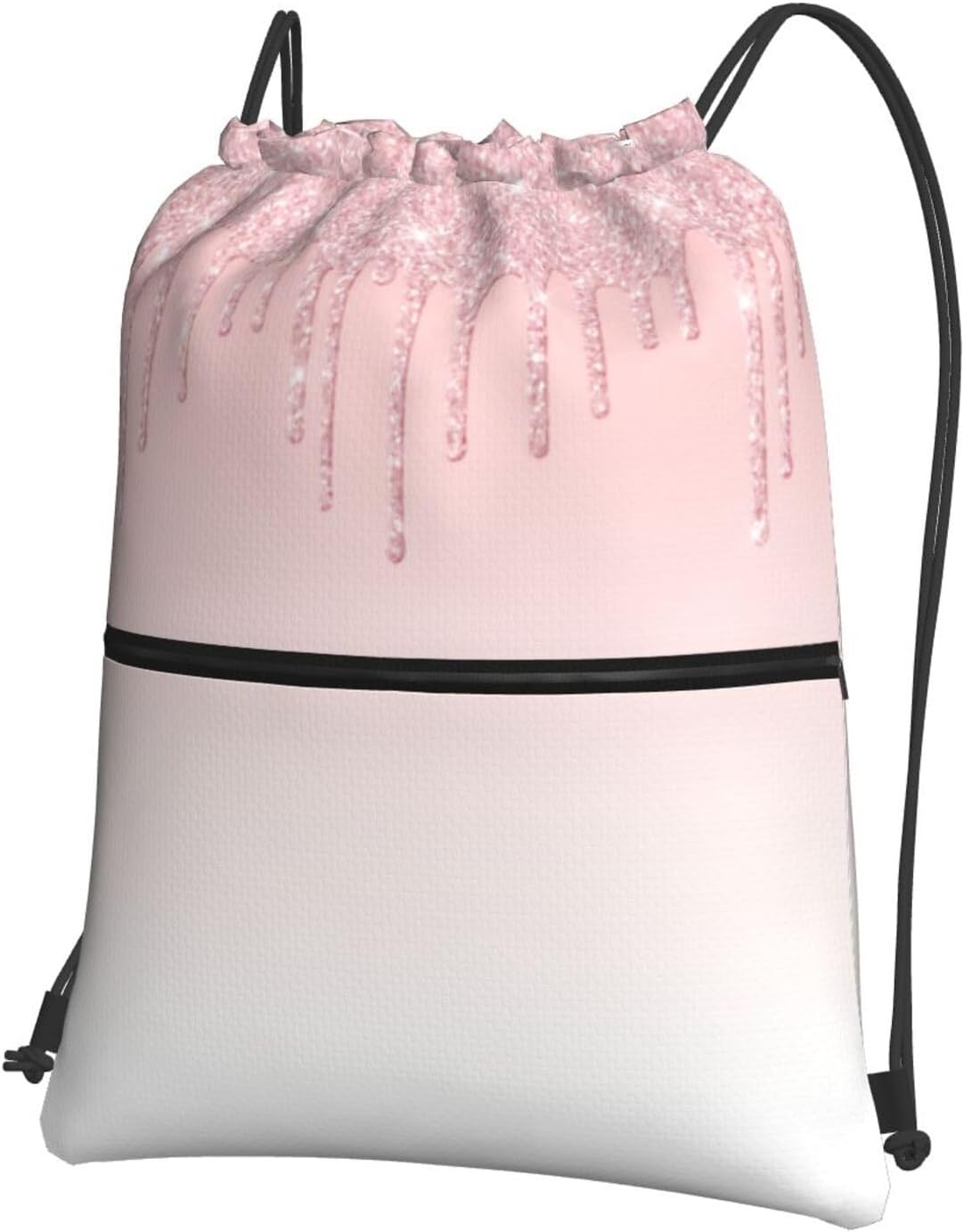 Pink Glitter Drip Drawstring Backpack, Gym Swim Bag Cinch Bag For Women Men With Zipper Pocket